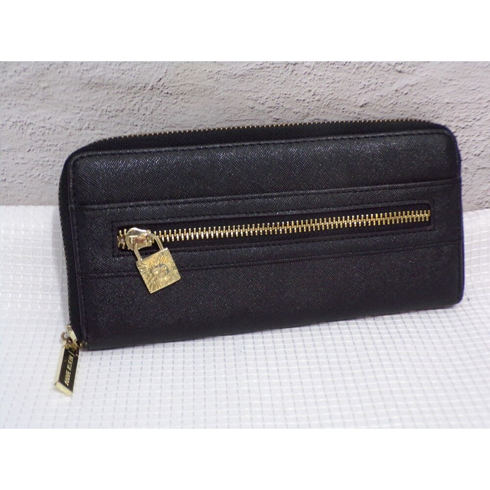 Anne Klein Faux Black Leather Wallet w/Gold Accents Zipper‎ Closure Sweet Debut